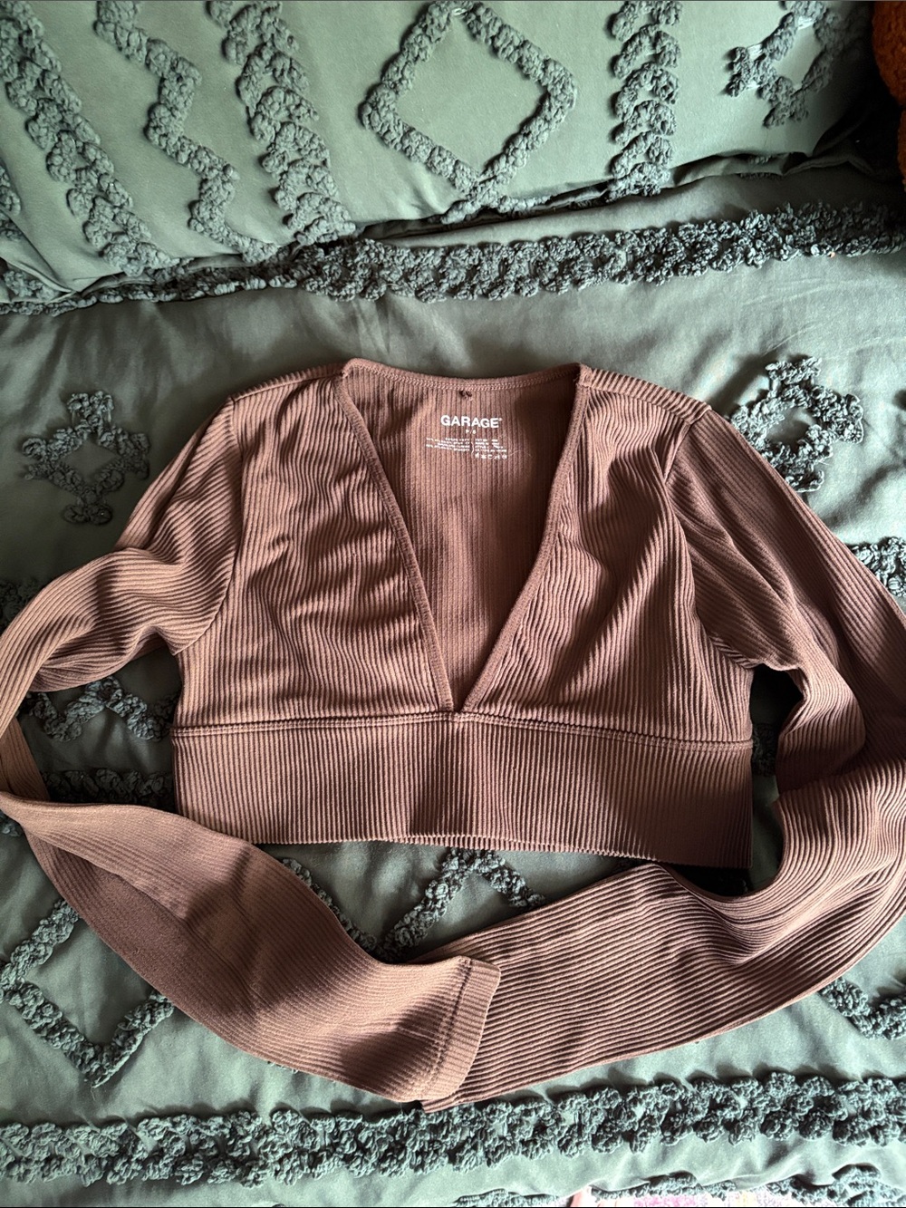 Garage Ribbed Long-Sleeve V-Neck Crop Top